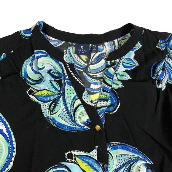 Kaari Blue Women's MIDI Dress 10 Shift Paisley Roll Tab Sleeve V Neck Rayon - Picture 5 of 9